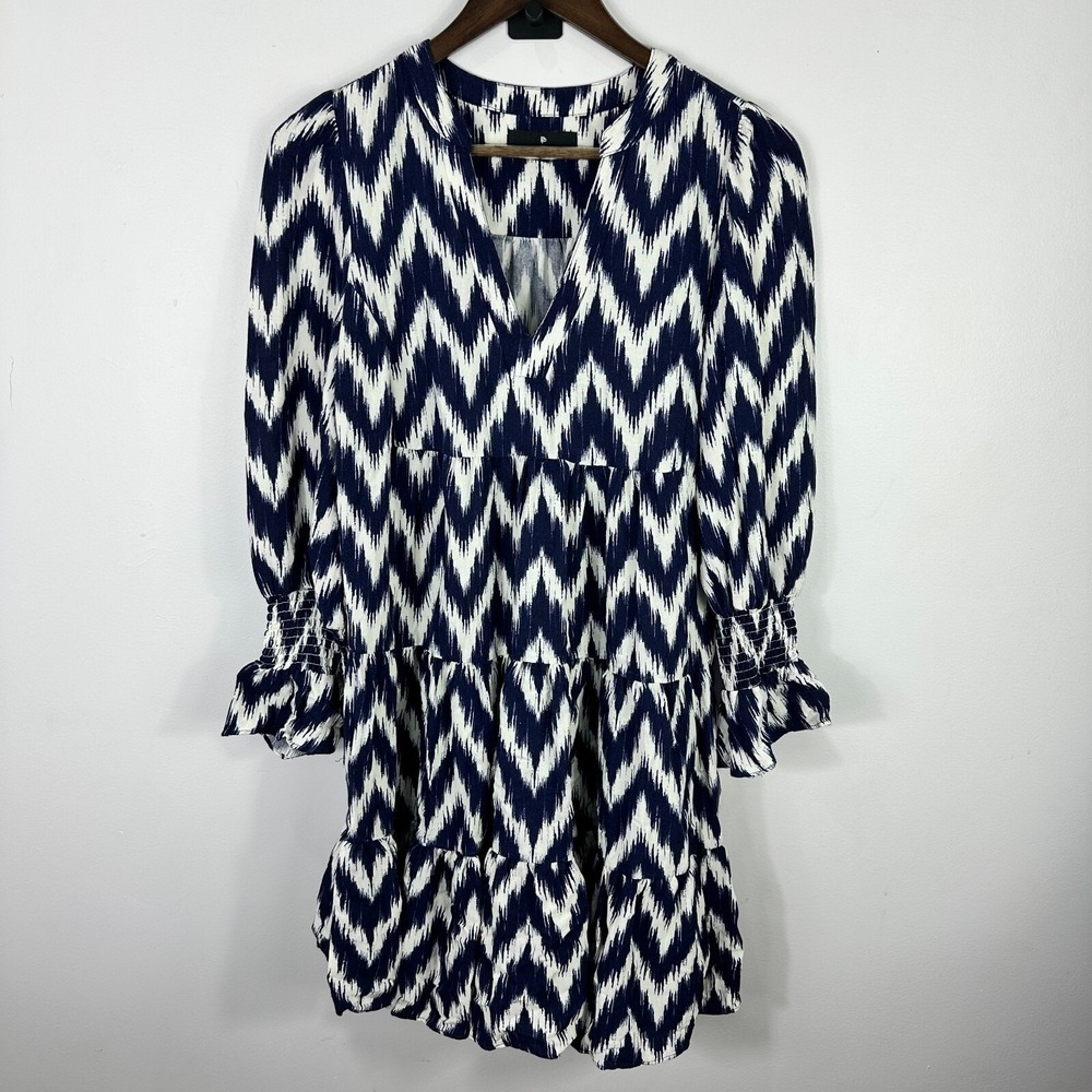 Tuckernuck Pomander Place Kenzo Dress Small Navy Blue Ikat Tiered Preppy Shift